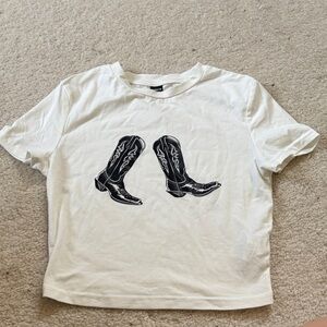 SHEIN White Tee with Black Boot Design